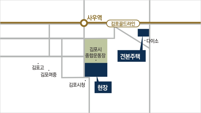 사우역 및 김포시종합운동장 주변의 견본주택과 현장 약도